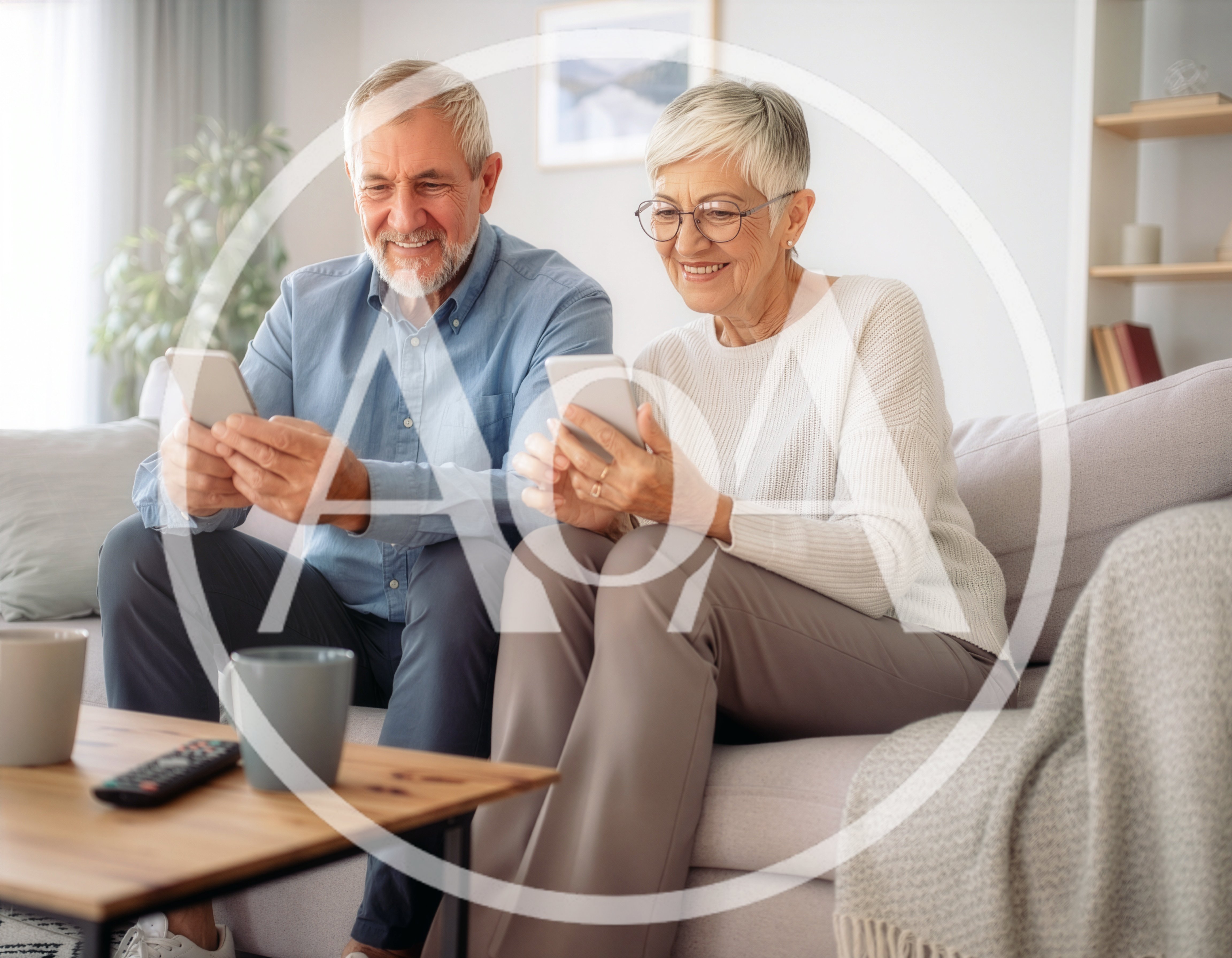 Senior Couple Using Smartphones Together On Sofa