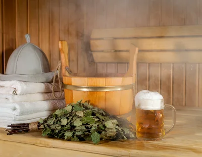 Sauna Accessories With Birch Broom And Beer Mug