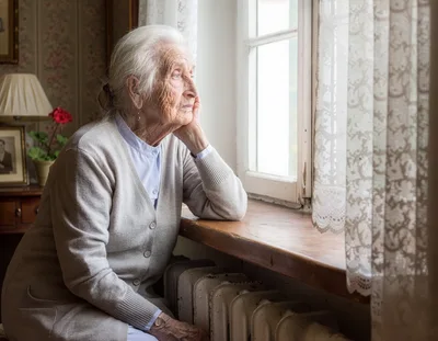 Elderly Woman Looking Out A Window