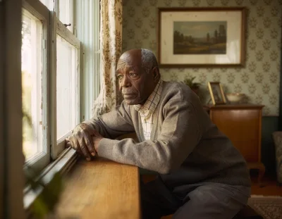 Elderly African American Man Looking Out Window