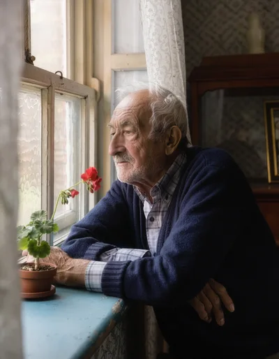Elderly Man Looking Out A Window