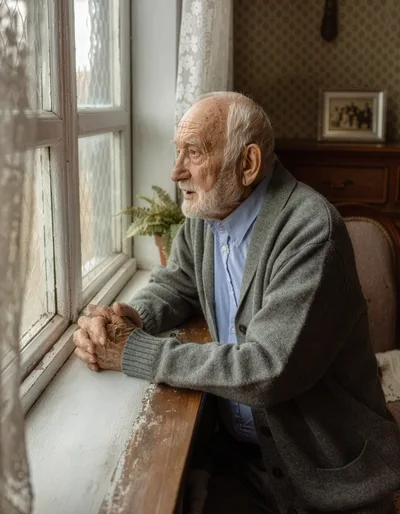 Elderly Man Looking Out A Window