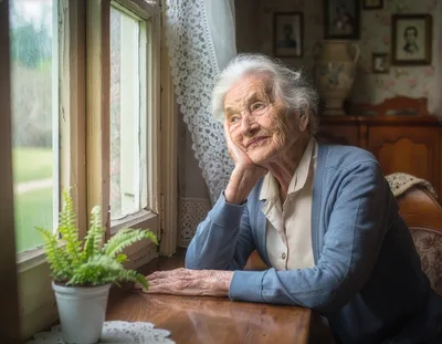 Elderly Woman Looking Out A Window