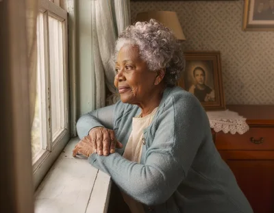 Elderly African American Woman Looking Out A Window