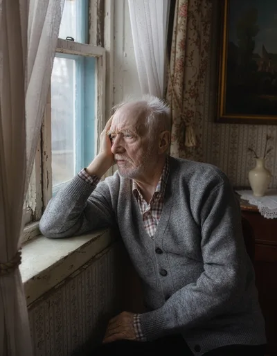 Elderly Man Looking Out A Window In Thought