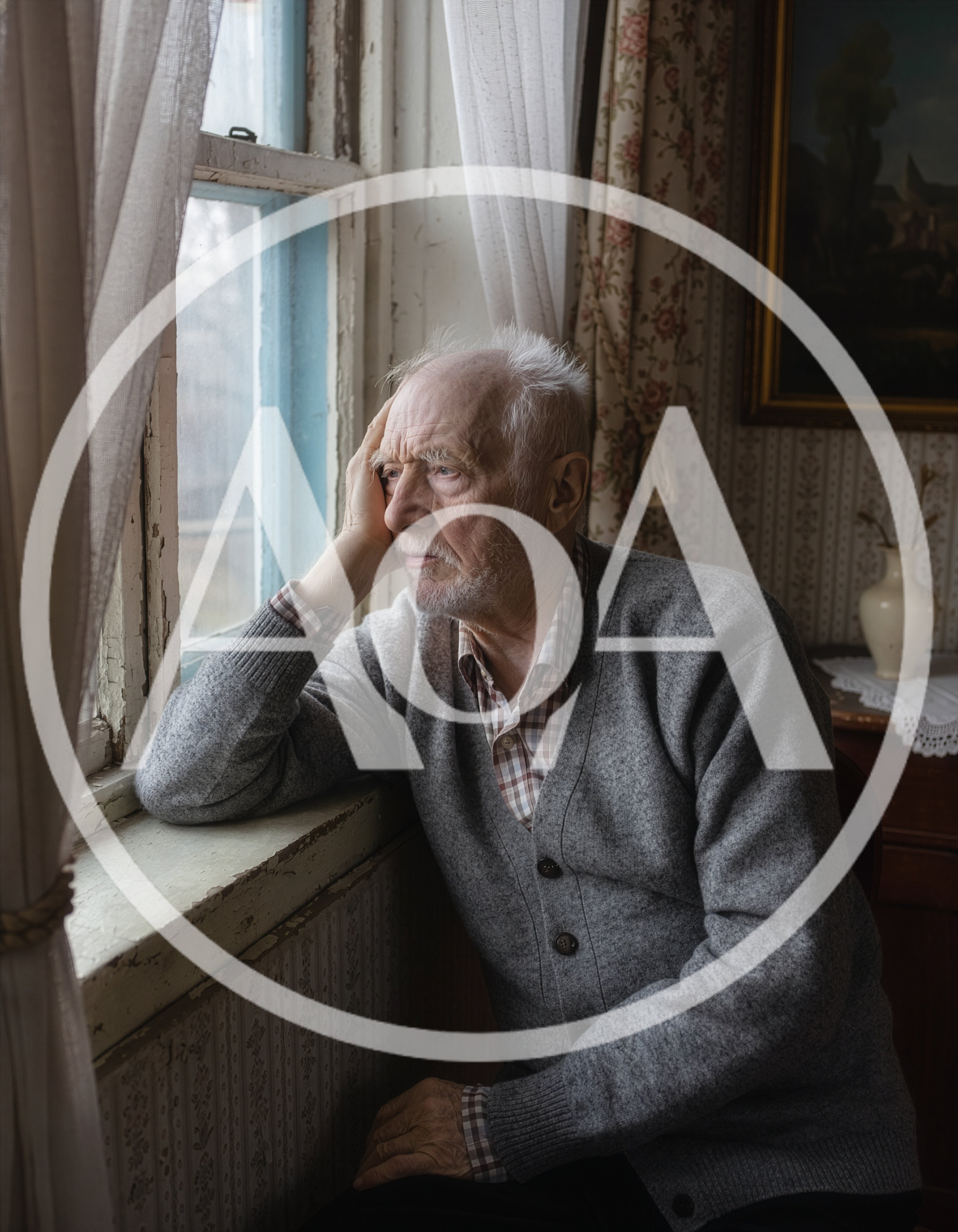 Elderly Man Looking Out A Window In Thought