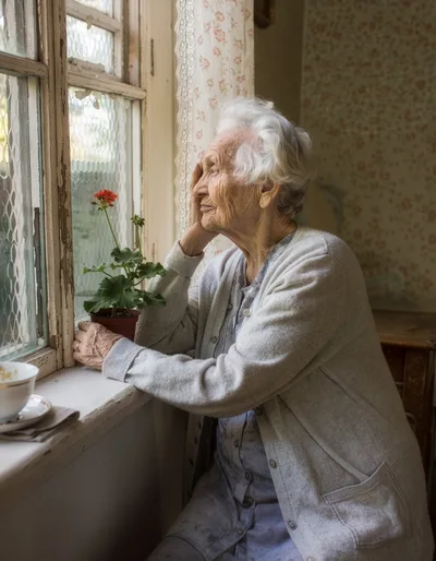 Elderly Woman Looking Out A Window With A Plant