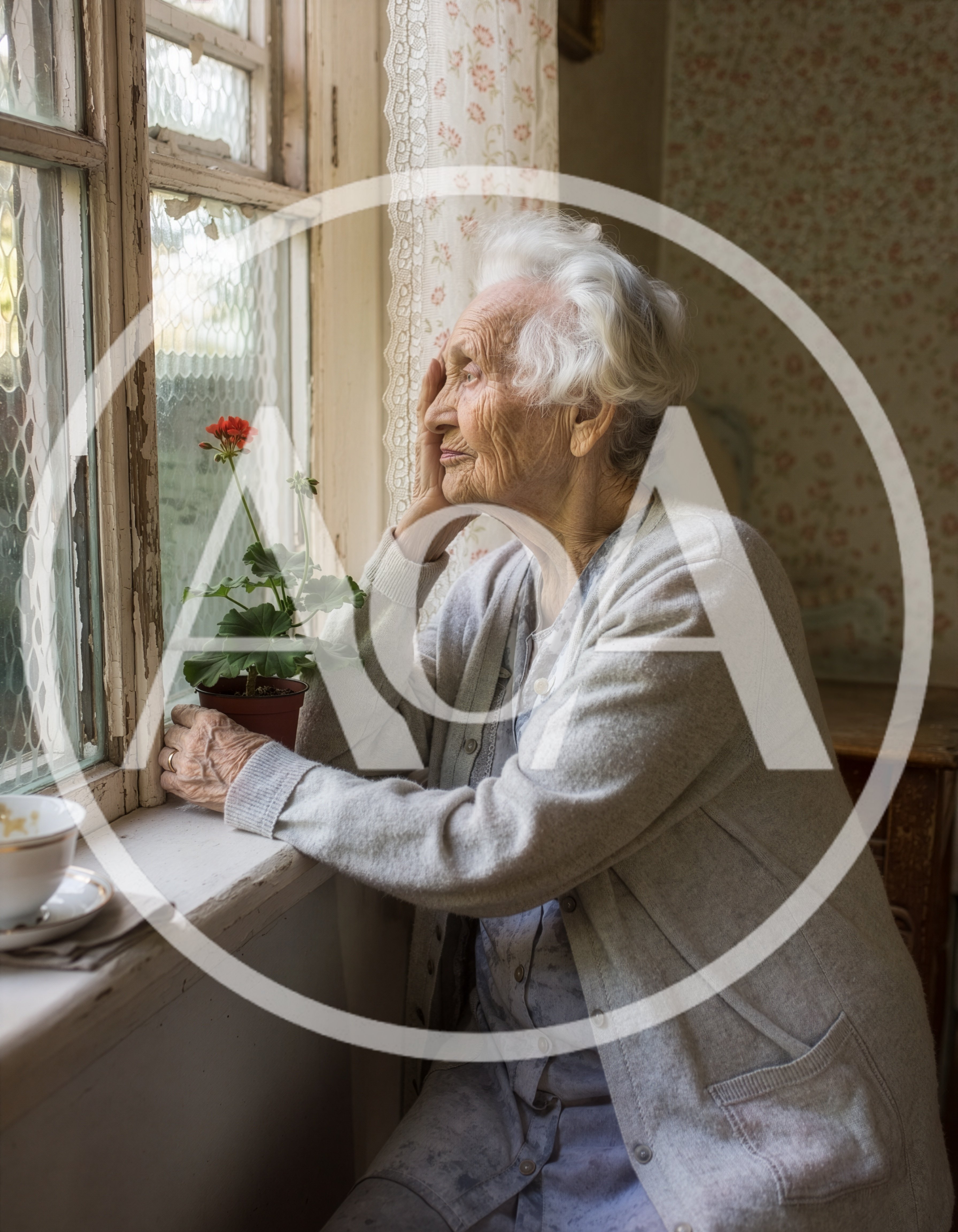 Elderly Woman Looking Out A Window With A Plant