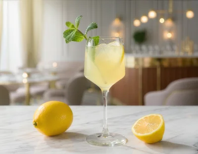Refreshing Lemon Cocktail With Mint Garnish On Marble Counter