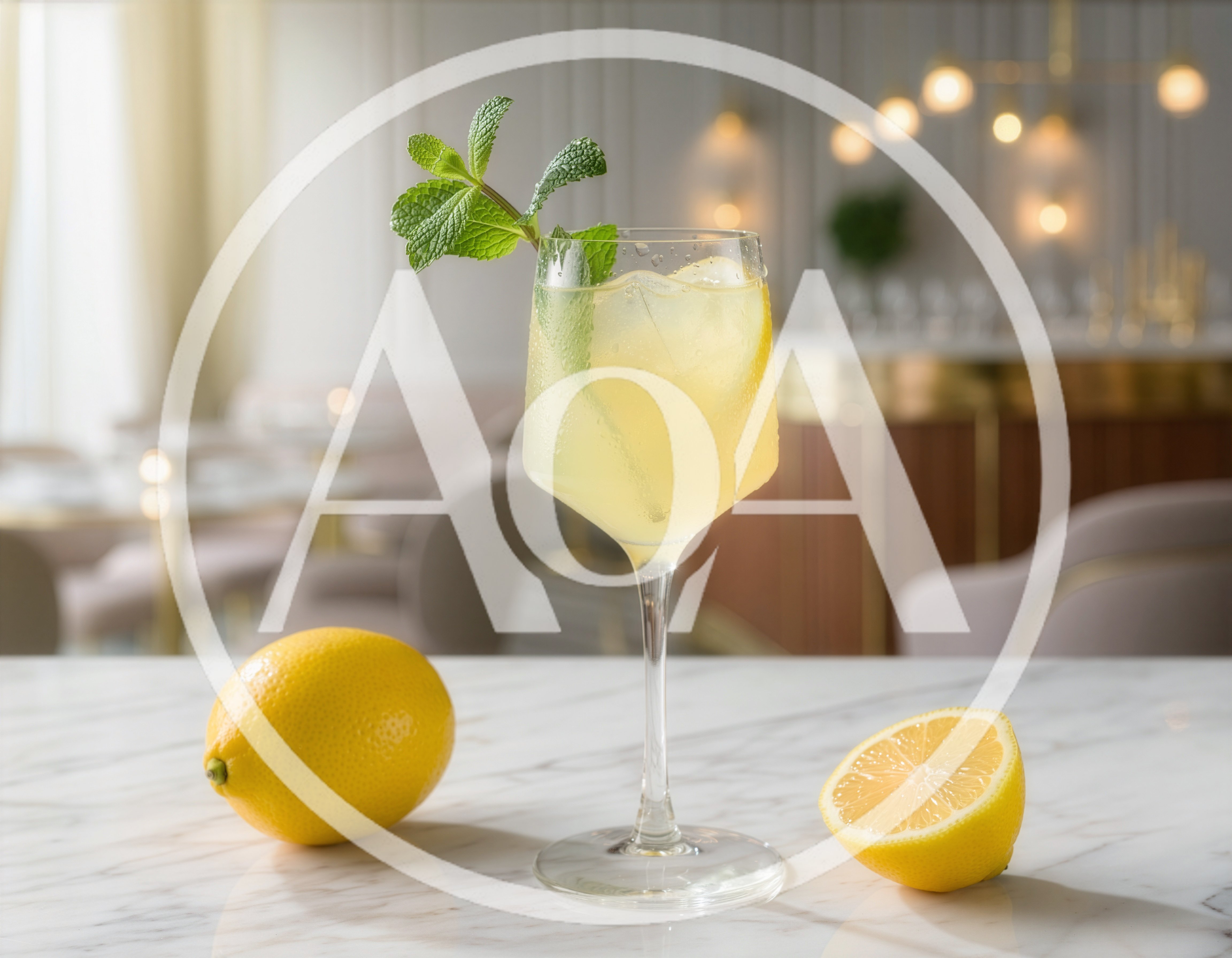 Refreshing Lemon Cocktail With Mint Garnish On Marble Counter