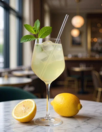 Refreshing Lemon Cocktail With Mint Garnish On Marble Table