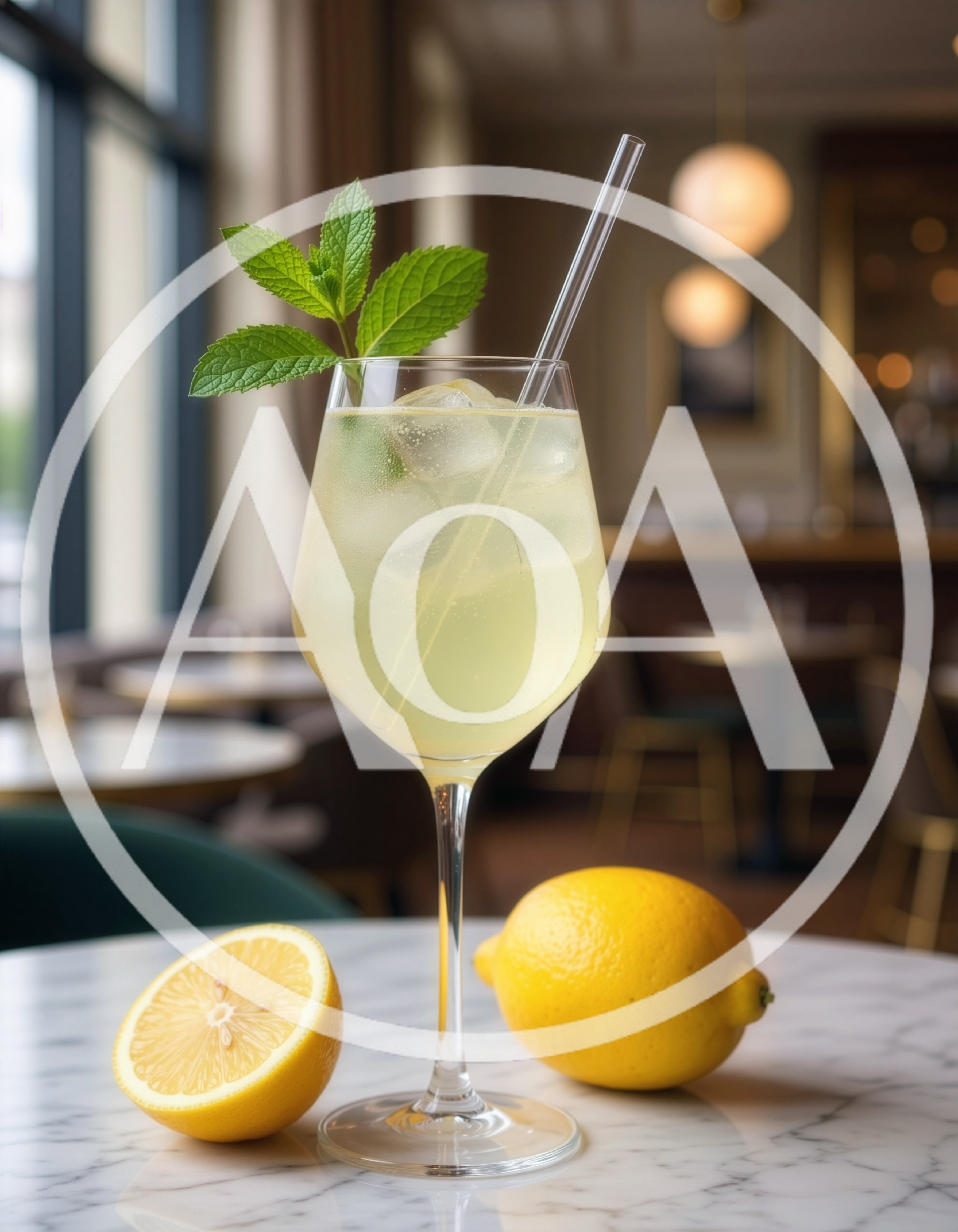 Refreshing Lemon Cocktail With Mint Garnish On Marble Table