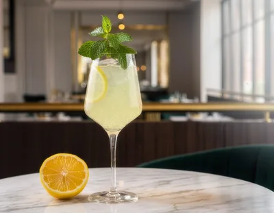 Refreshing Lemon Cocktail With Mint Garnish On Marble Table