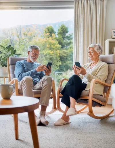 Senior Couple Relaxing in Armchairs Using Smartphones