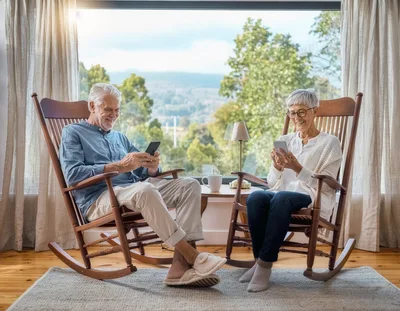 Senior Couple Relaxing In Rocking Chairs Using Smartphones