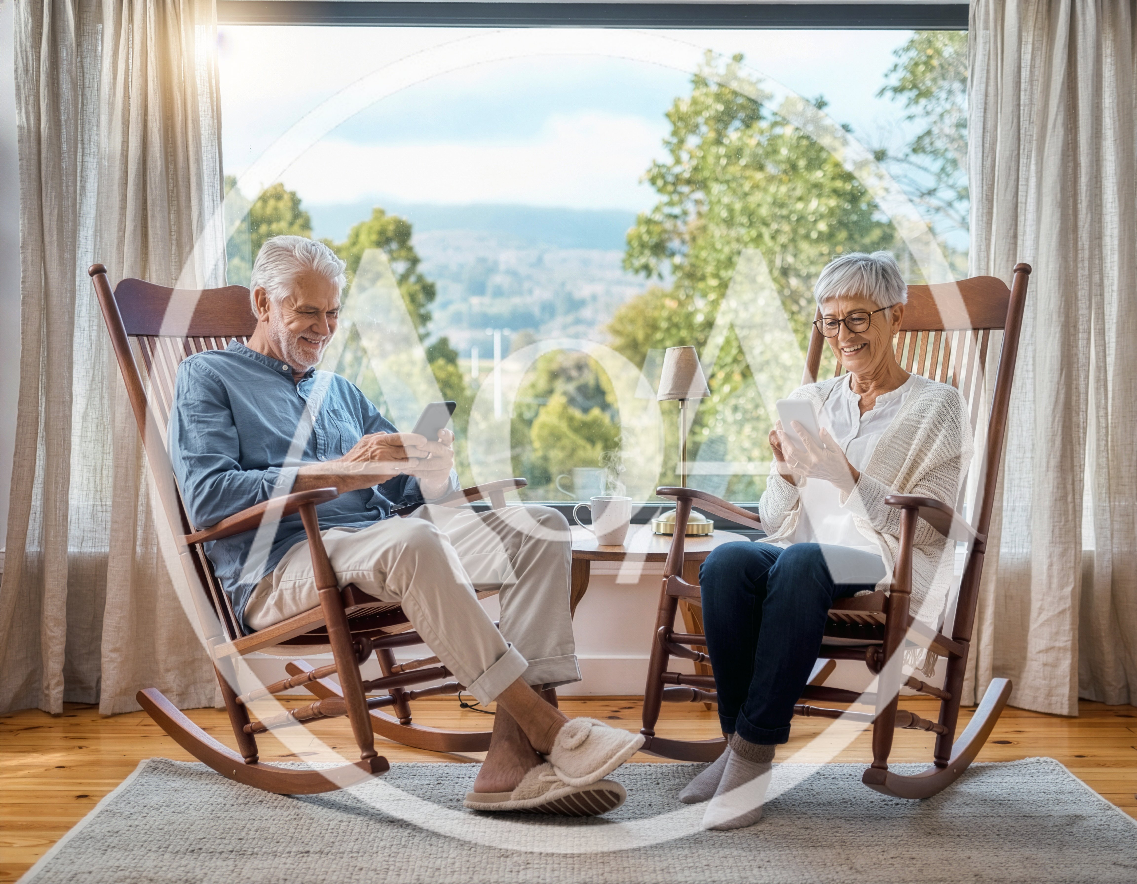 Senior Couple Relaxing In Rocking Chairs Using Smartphones