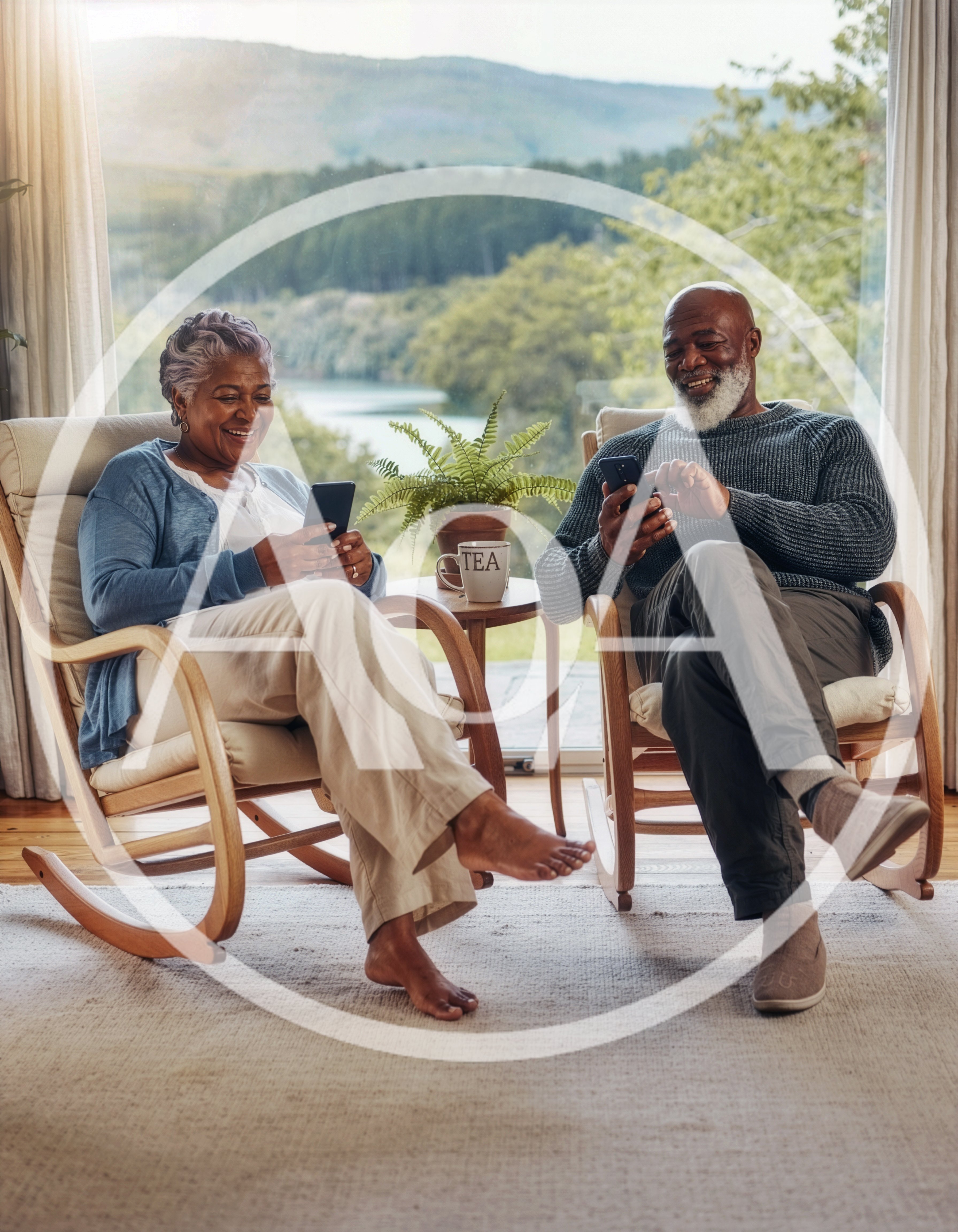 Senior Couple Relaxing In Rocking Chairs Using Smartphones