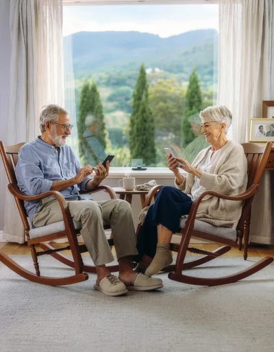 Senior Couple Relaxing In Rocking Chairs With Smartphones
