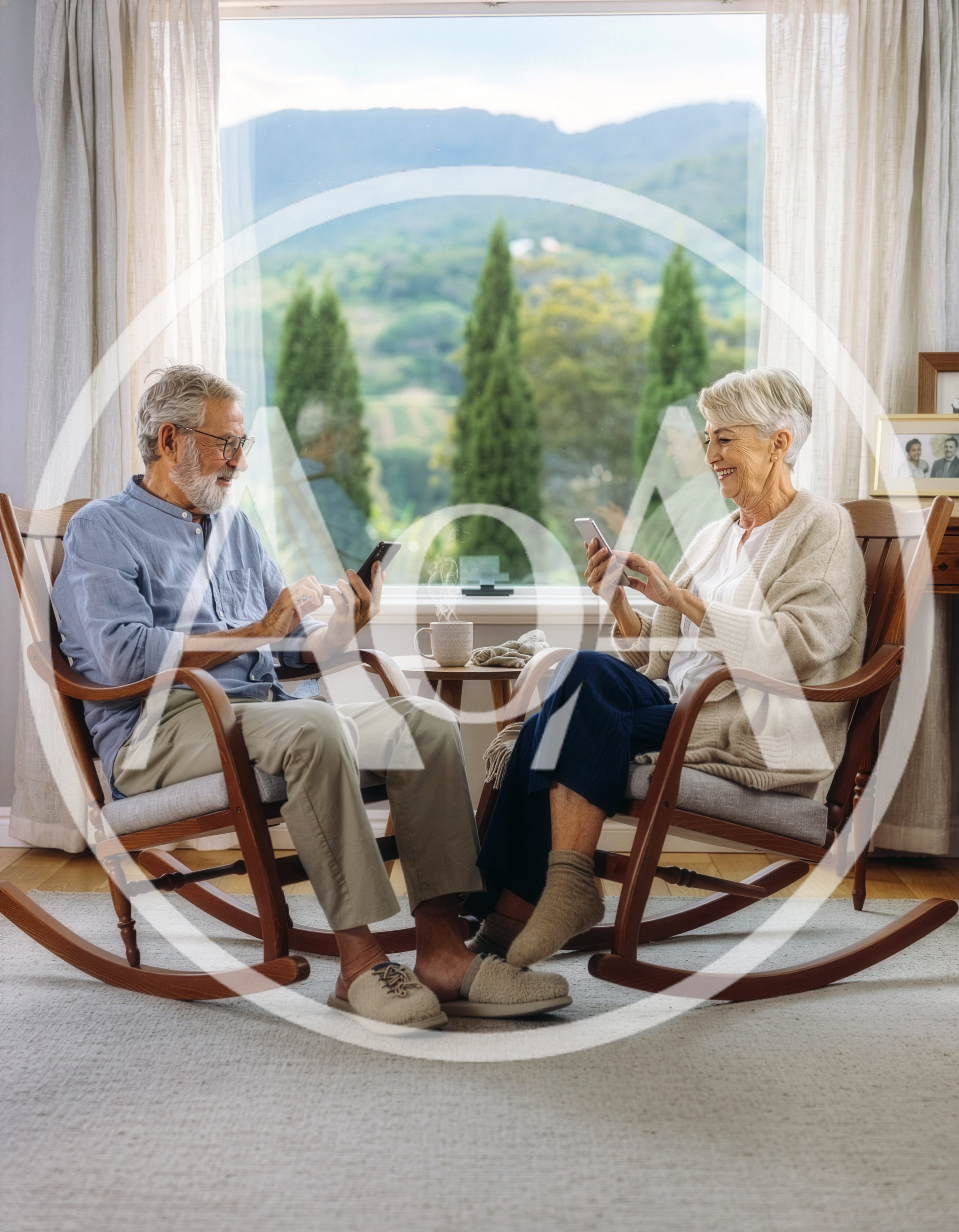 Senior Couple Relaxing In Rocking Chairs With Smartphones