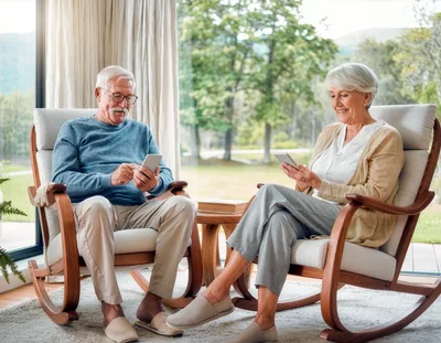 Senior Couple Relaxing In Rocking Chairs Using Smartphones
