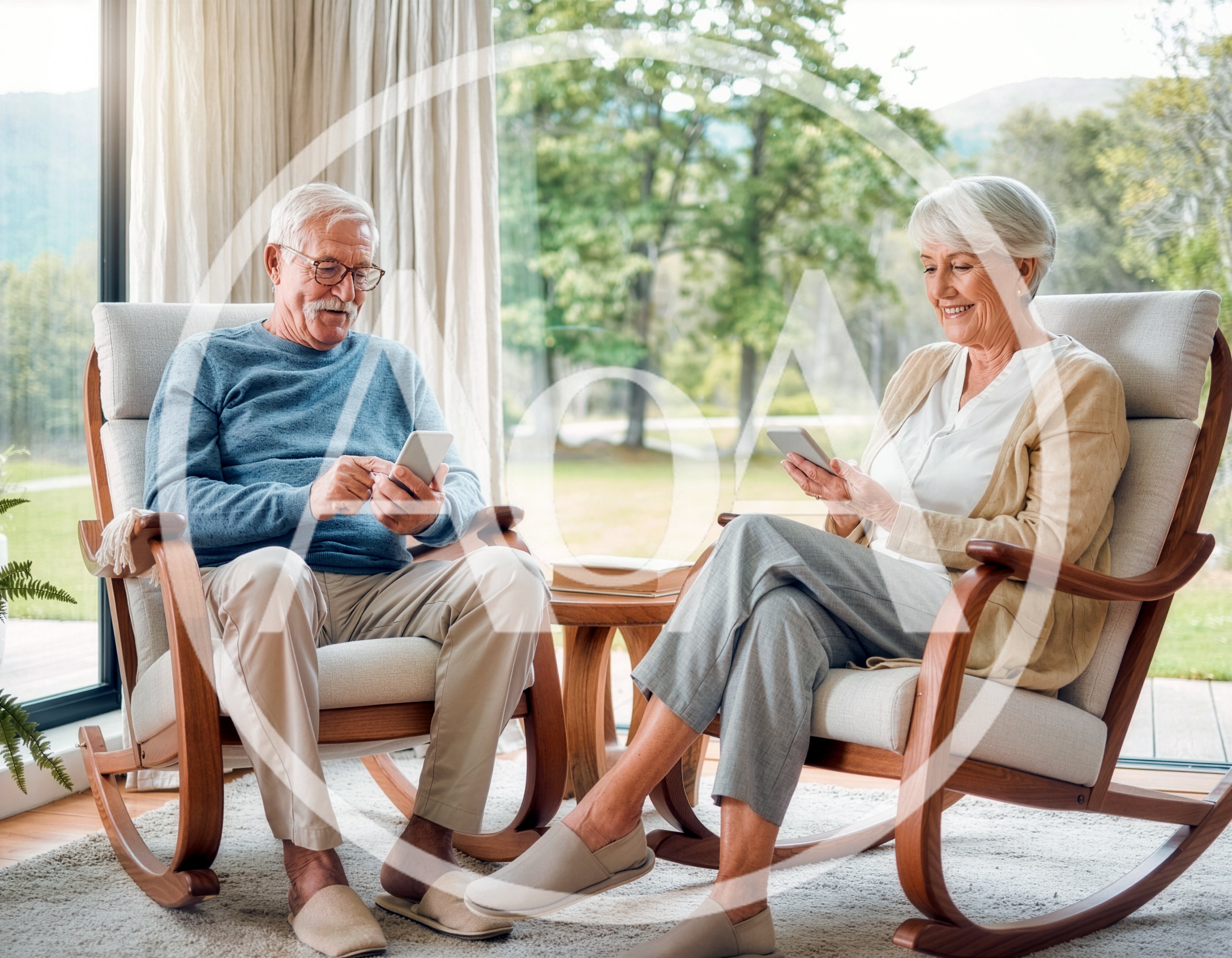 Senior Couple Relaxing In Rocking Chairs Using Smartphones