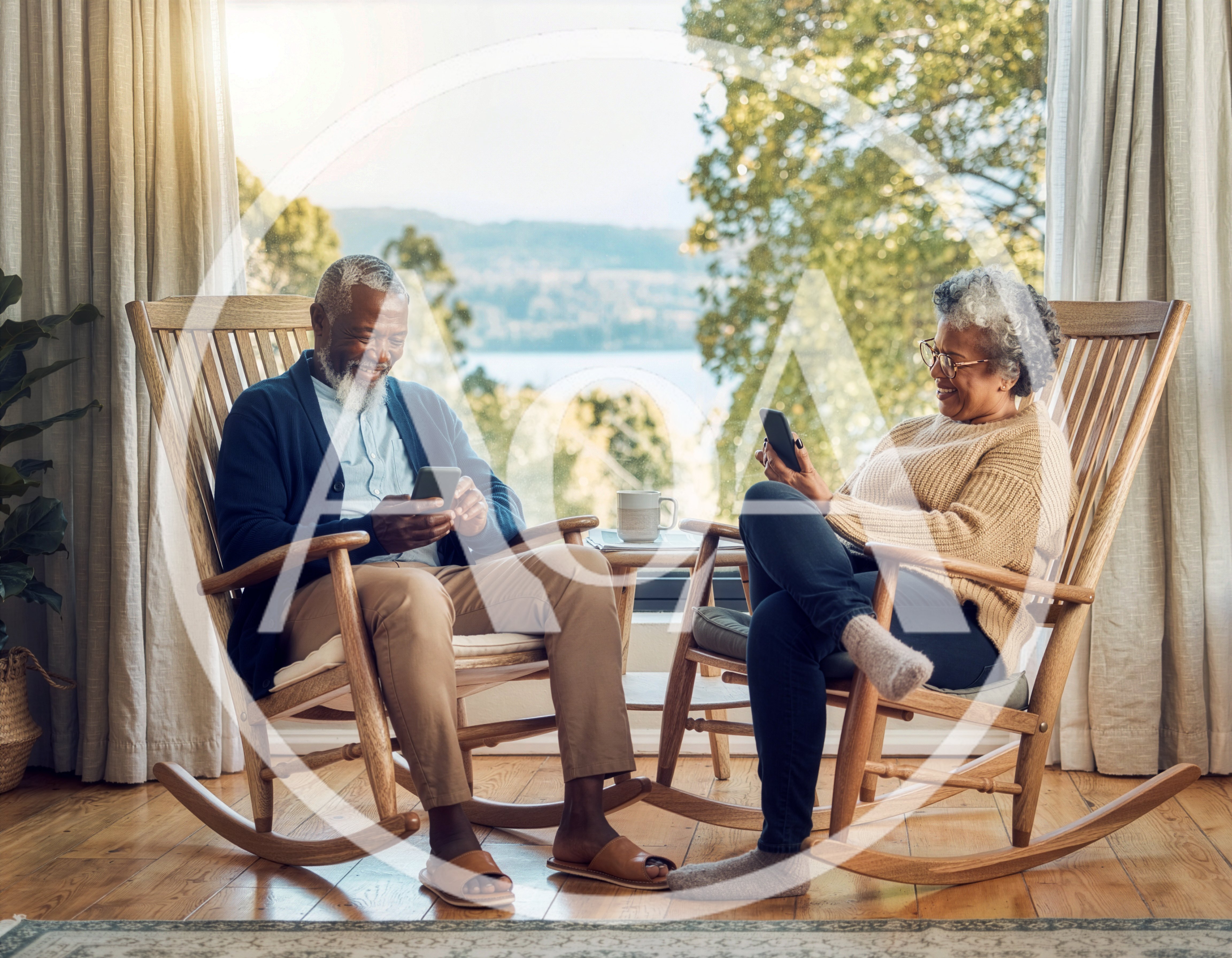 Senior Couple Relaxing In Rocking Chairs With Smartphones
