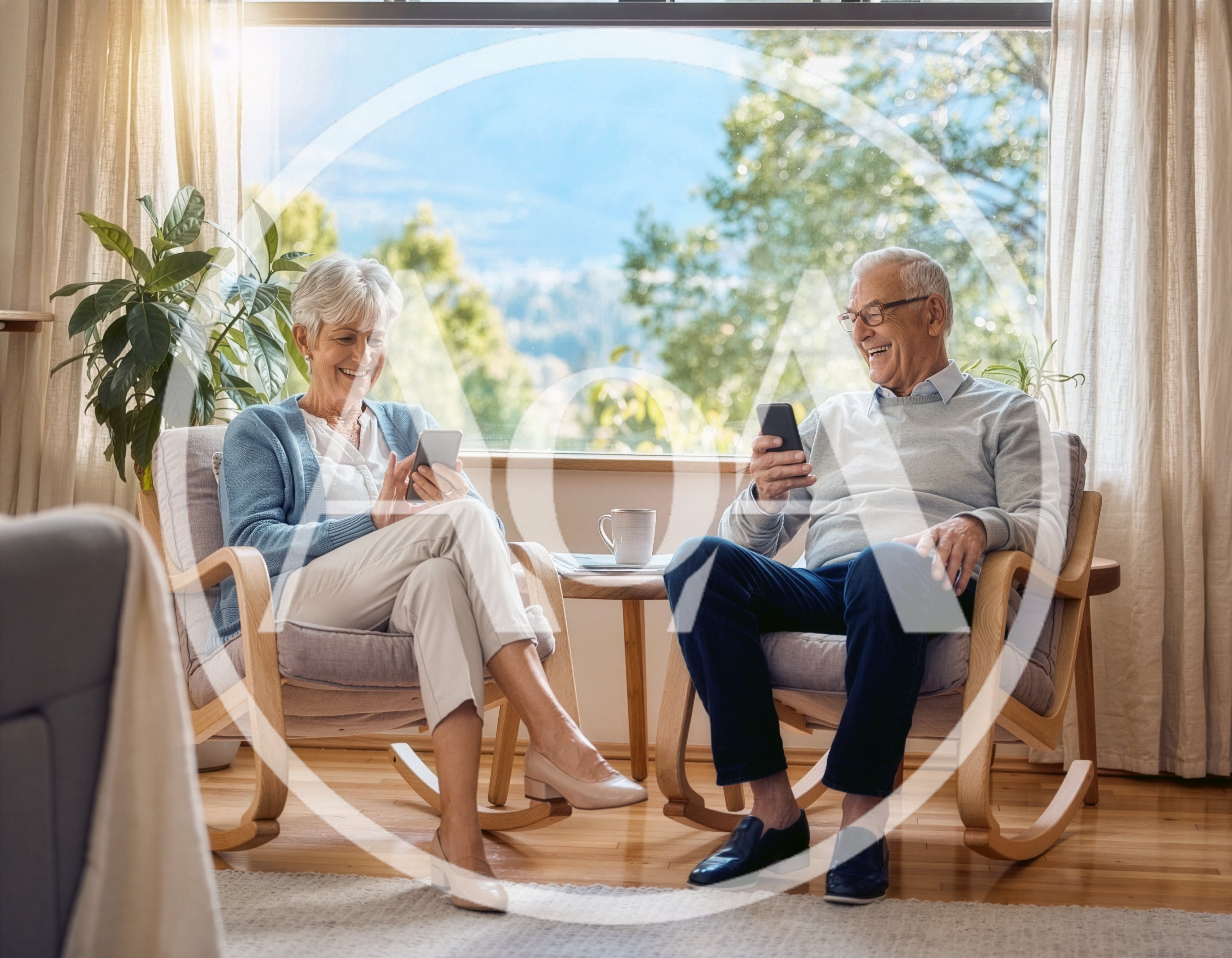 Senior Couple Using Smartphones In Living Room