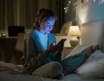 Seen from distance a teenager is sitting comfortably in their bedroom on the bed in dim light, scrolling through a smartphone at night. They have a serious, focused expression. Photorealistic.