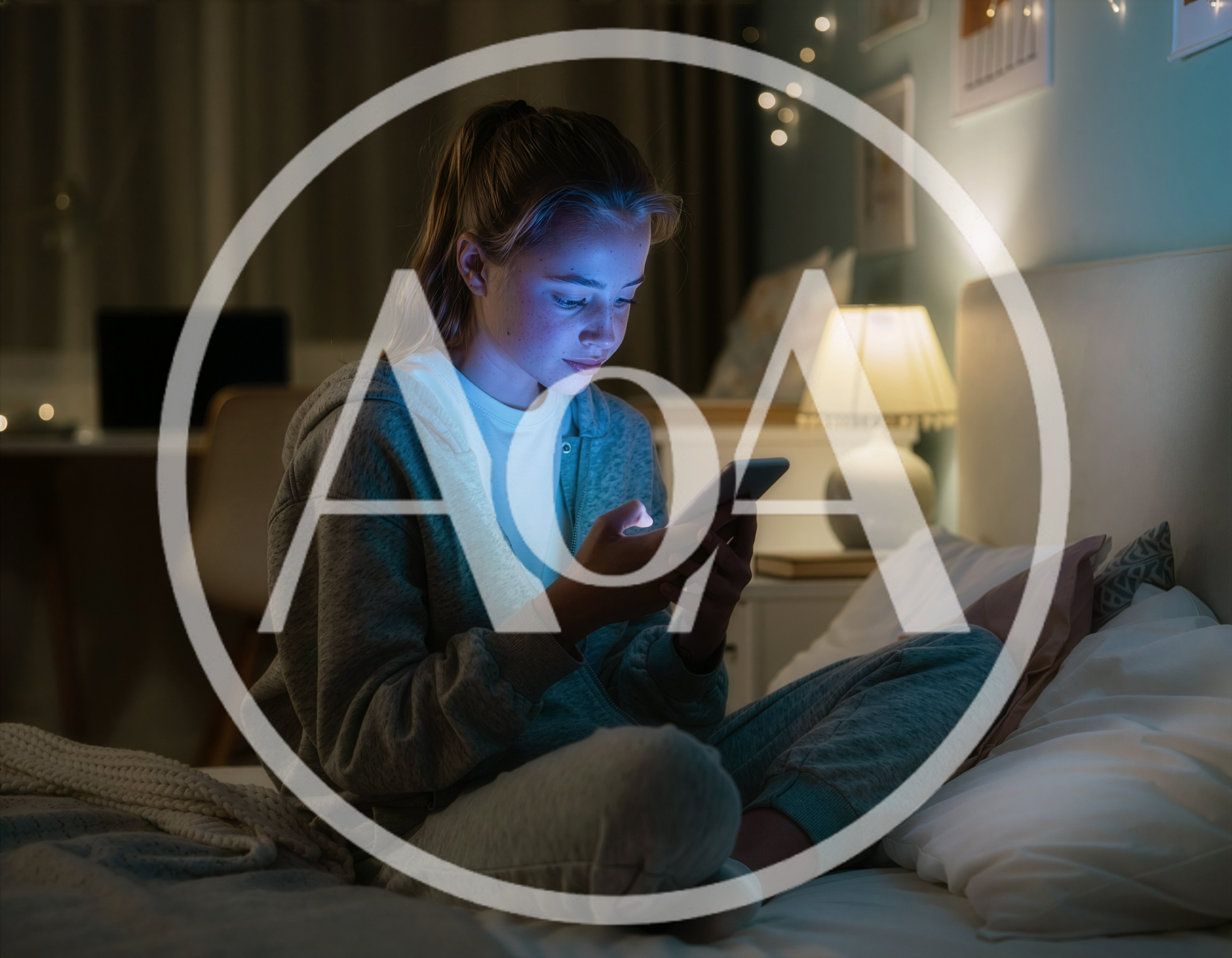 Seen from distance a teenager is sitting comfortably in their bedroom on the bed in dim light, scrolling through a smartphone at night. They have a serious, focused expression. Photorealistic.