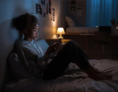 Young Woman Using Smartphone In Bed At Night