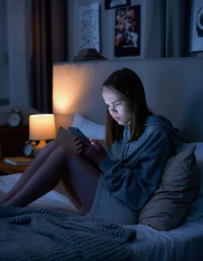 Young Woman Using Smartphone In Bed At Night