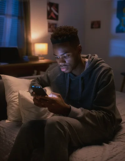 Young Man Using Smartphone In Dimly Lit Bedroom