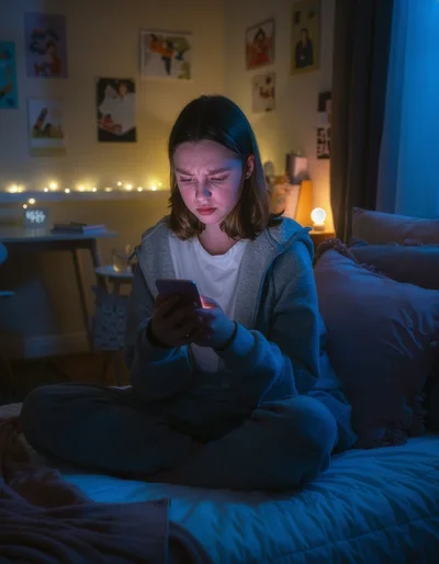 Young Woman Looking Distressed While Using Smartphone In Bedroom