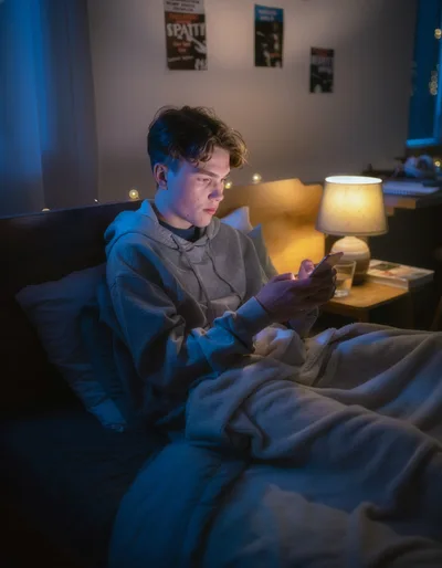 Young Man Using Smartphone In Bed At Night