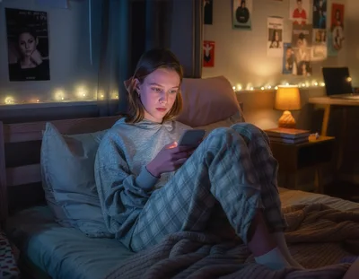 Seen from distance a teenager is sitting comfortably in their bedroom on the bed in dim light, scrolling through a smartphone at night. They have a serious, focused expression. Photorealistic.
