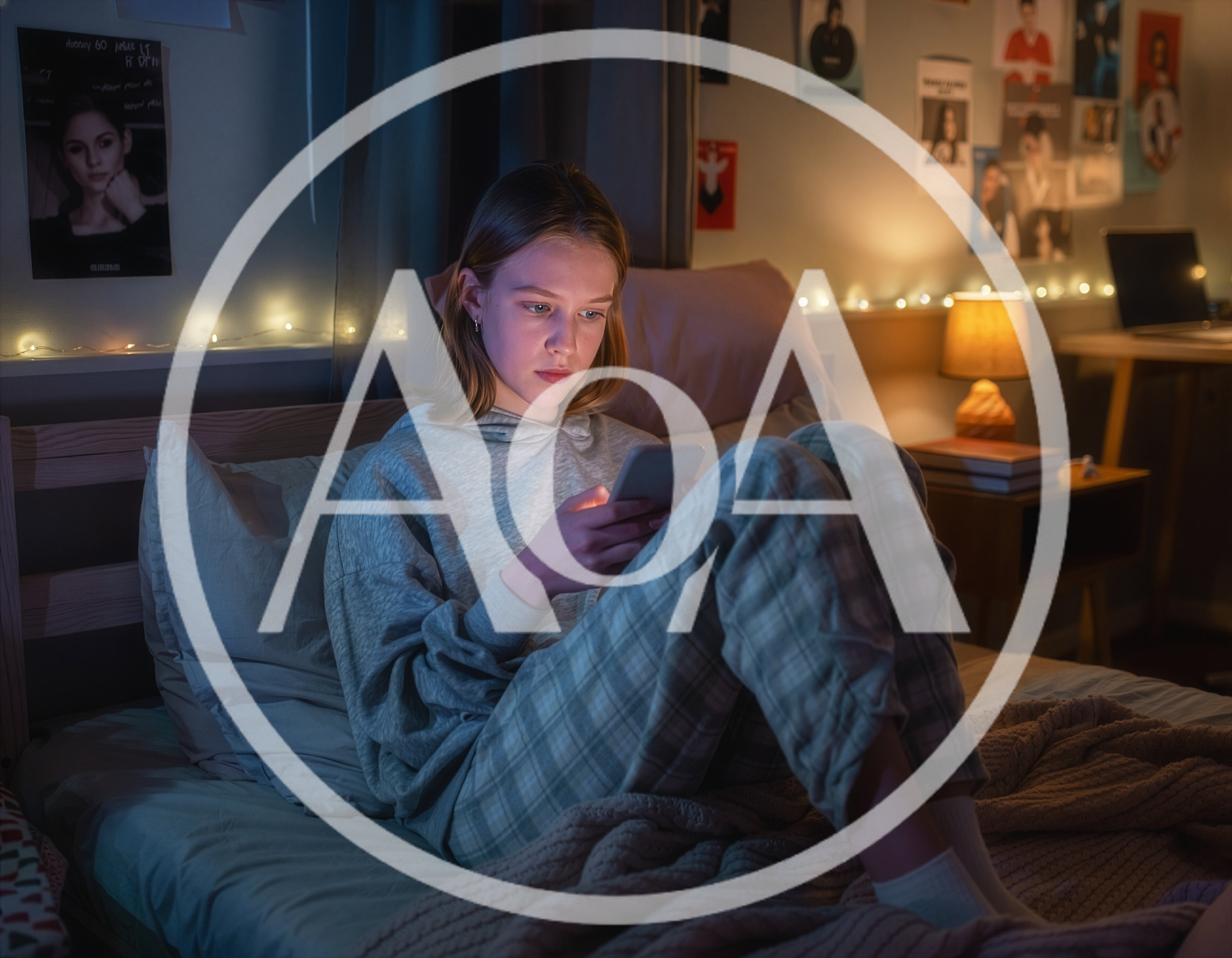 Seen from distance a teenager is sitting comfortably in their bedroom on the bed in dim light, scrolling through a smartphone at night. They have a serious, focused expression. Photorealistic.