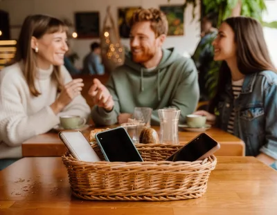 Friends Socializing in a Cafe with Phones in Basket