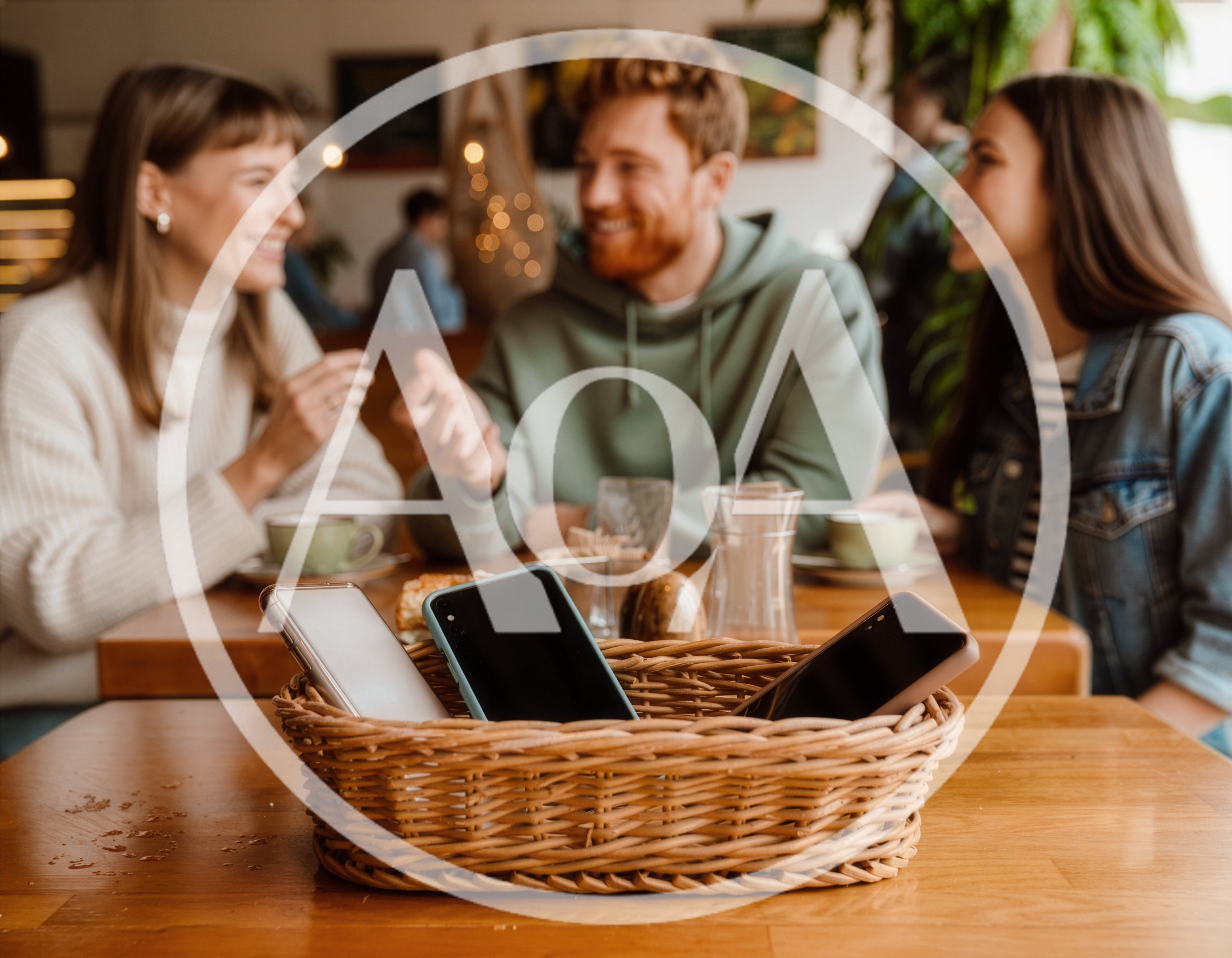 Friends Socializing in a Cafe with Phones in Basket