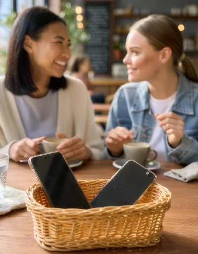 Two Friends Chatting Over Coffee In A Cafe