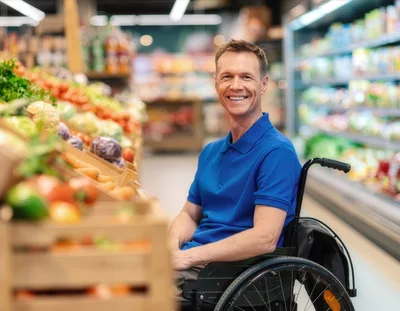Man In Wheelchair Shopping For Fresh Produce In Supermarket