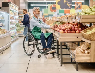 Disabled Grocery Store Employee Organizing Fresh Apples