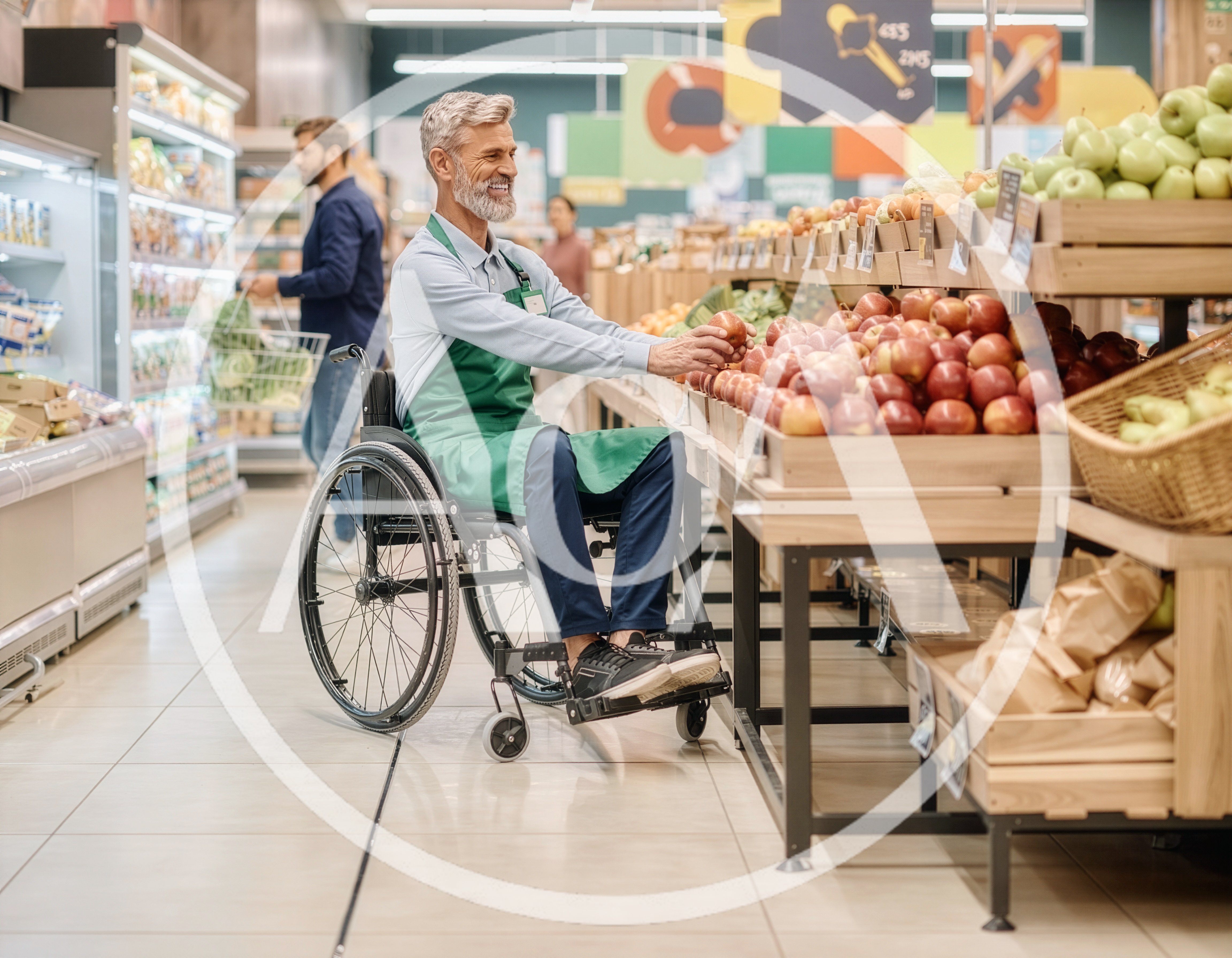Disabled Grocery Store Employee Organizing Fresh Apples