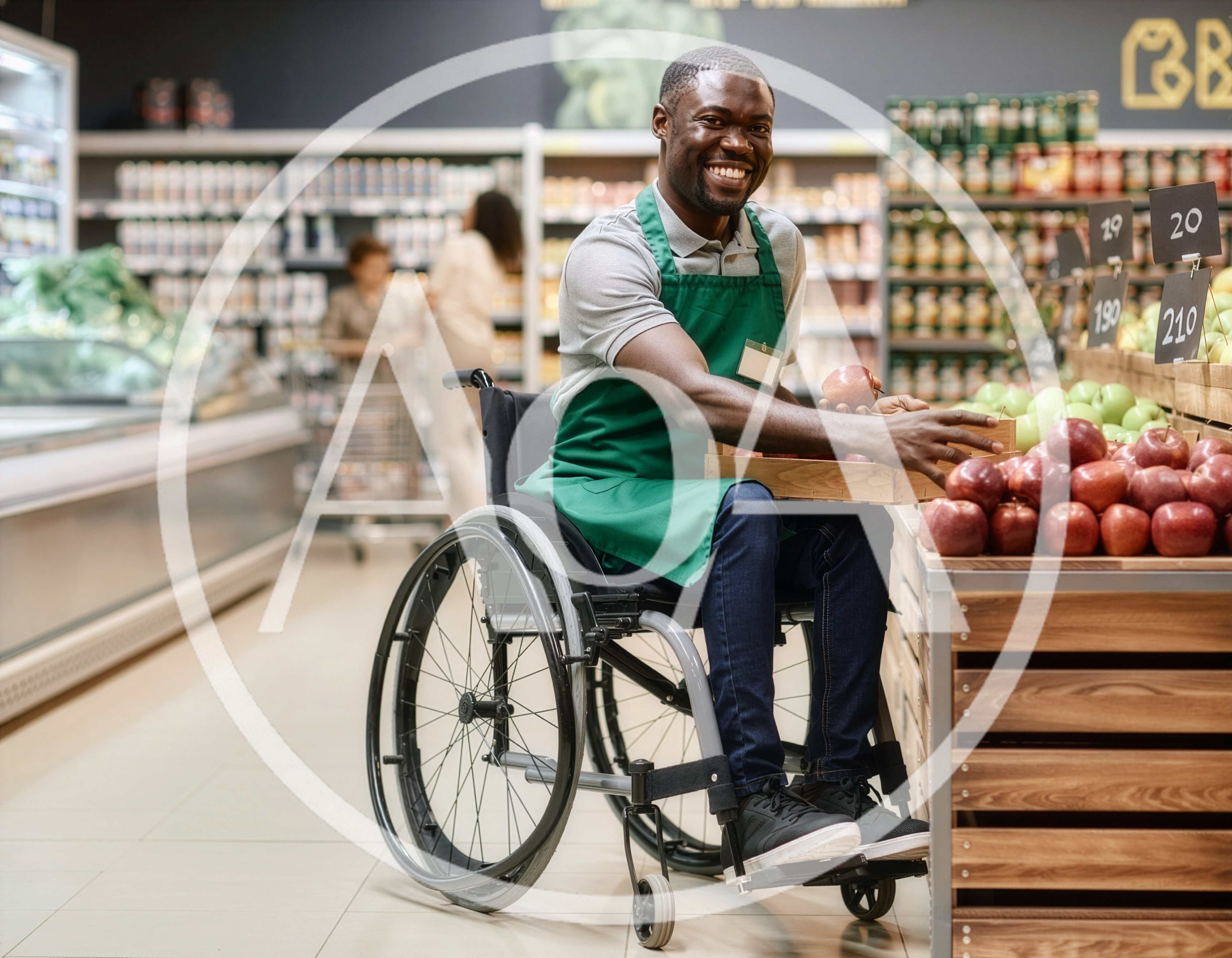 Smiling Grocery Store Employee In Wheelchair Organizing Apples