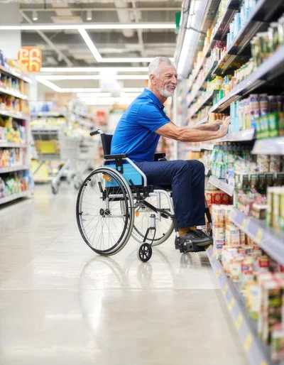 Senior Man In Wheelchair Shopping In Supermarket