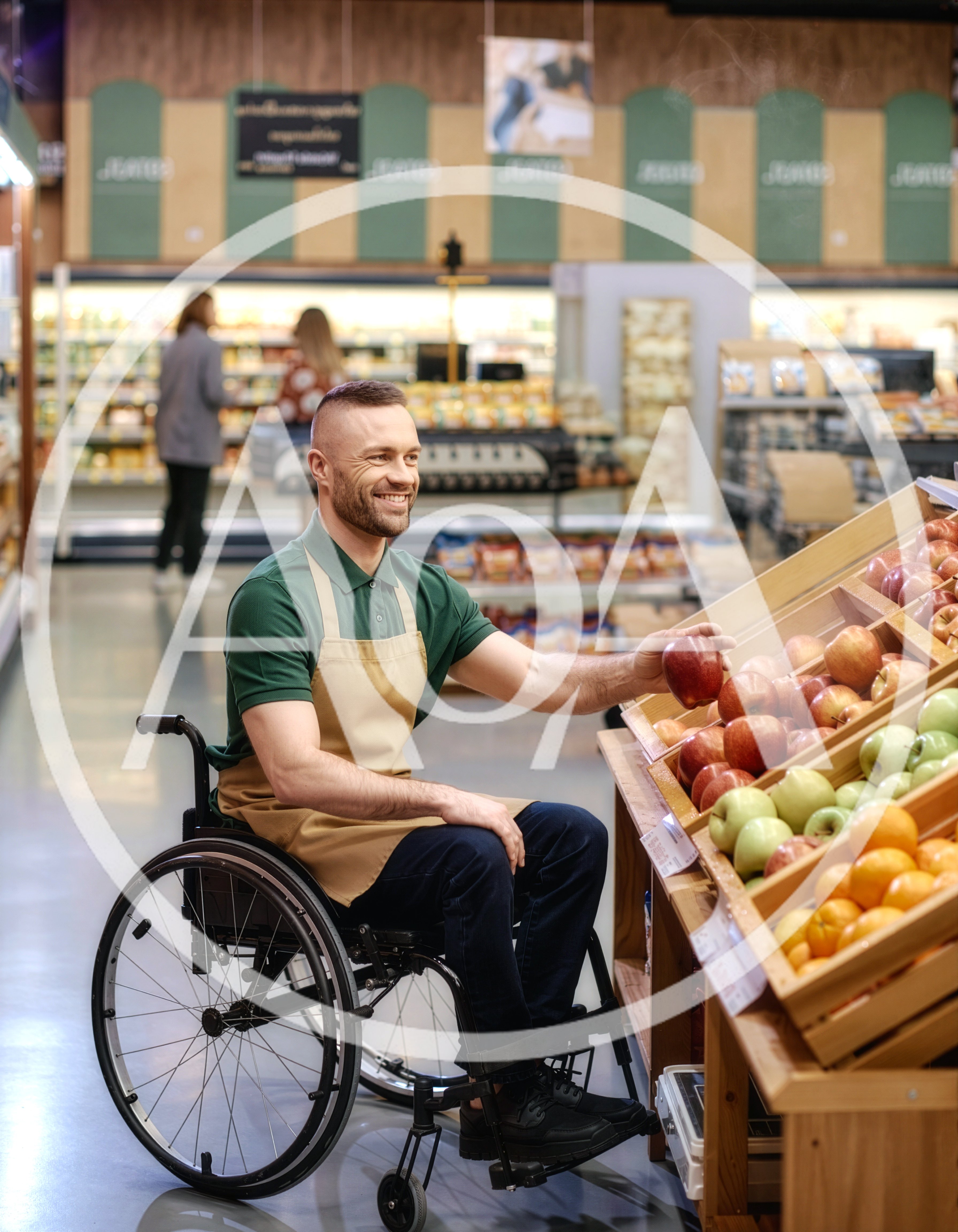 Smiling Grocery Store Employee In Wheelchair Organizing Apples