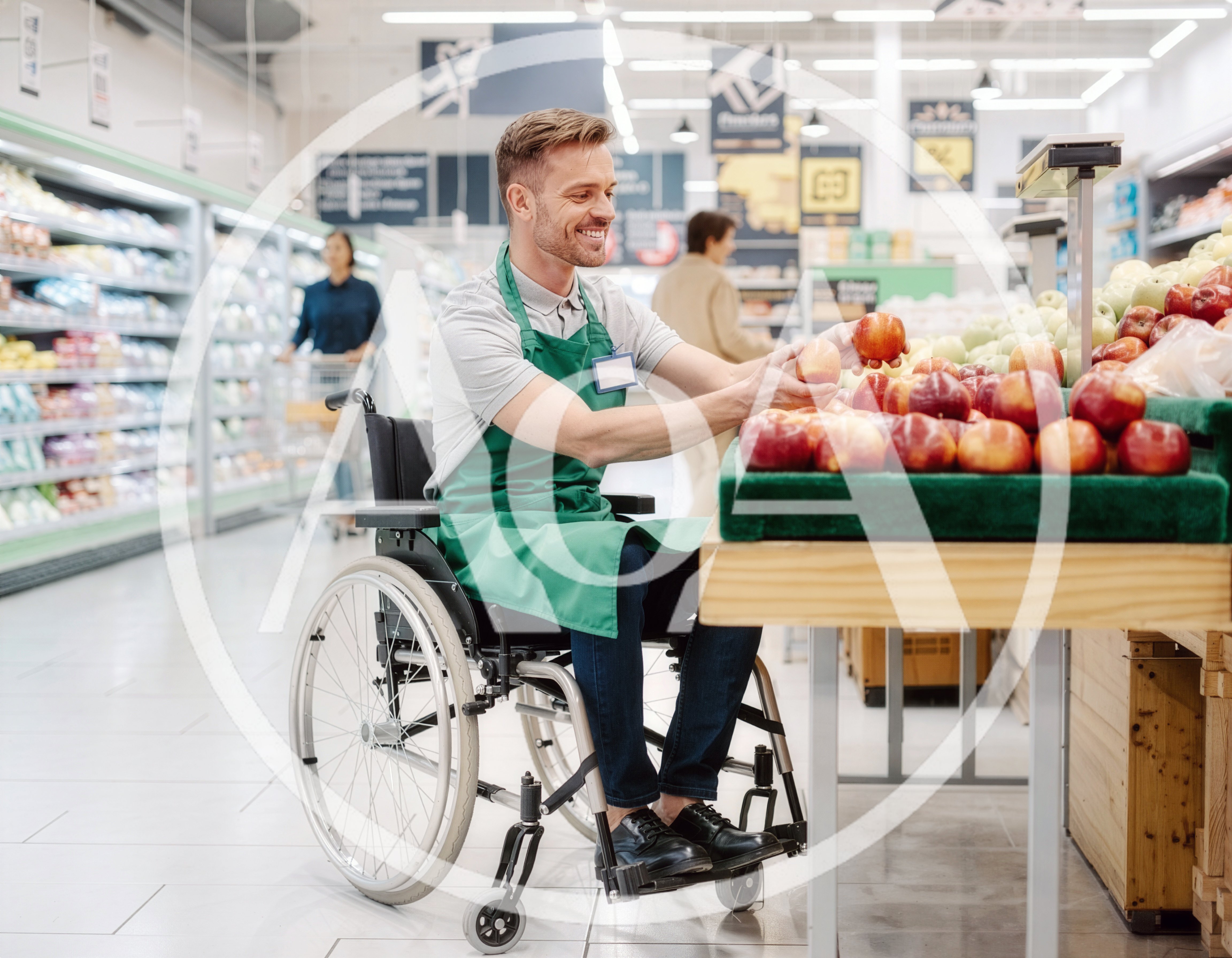 Smiling Grocery Store Employee In Wheelchair Arranging Apples