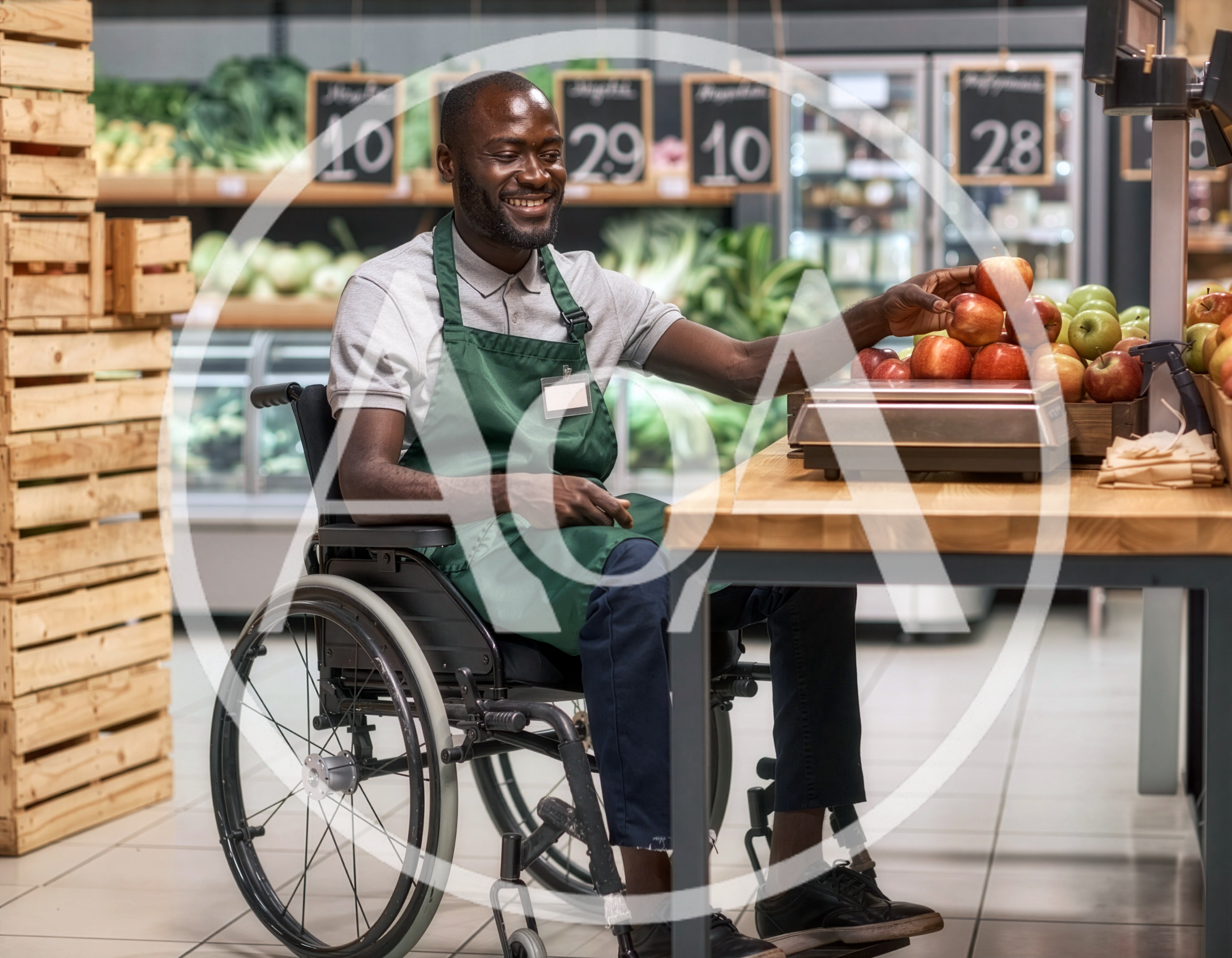 Grocery Store Employee In Wheelchair Weighing Apples