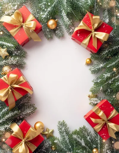 Christmas Gift Boxes and Ornaments on Snowy Pine Branches