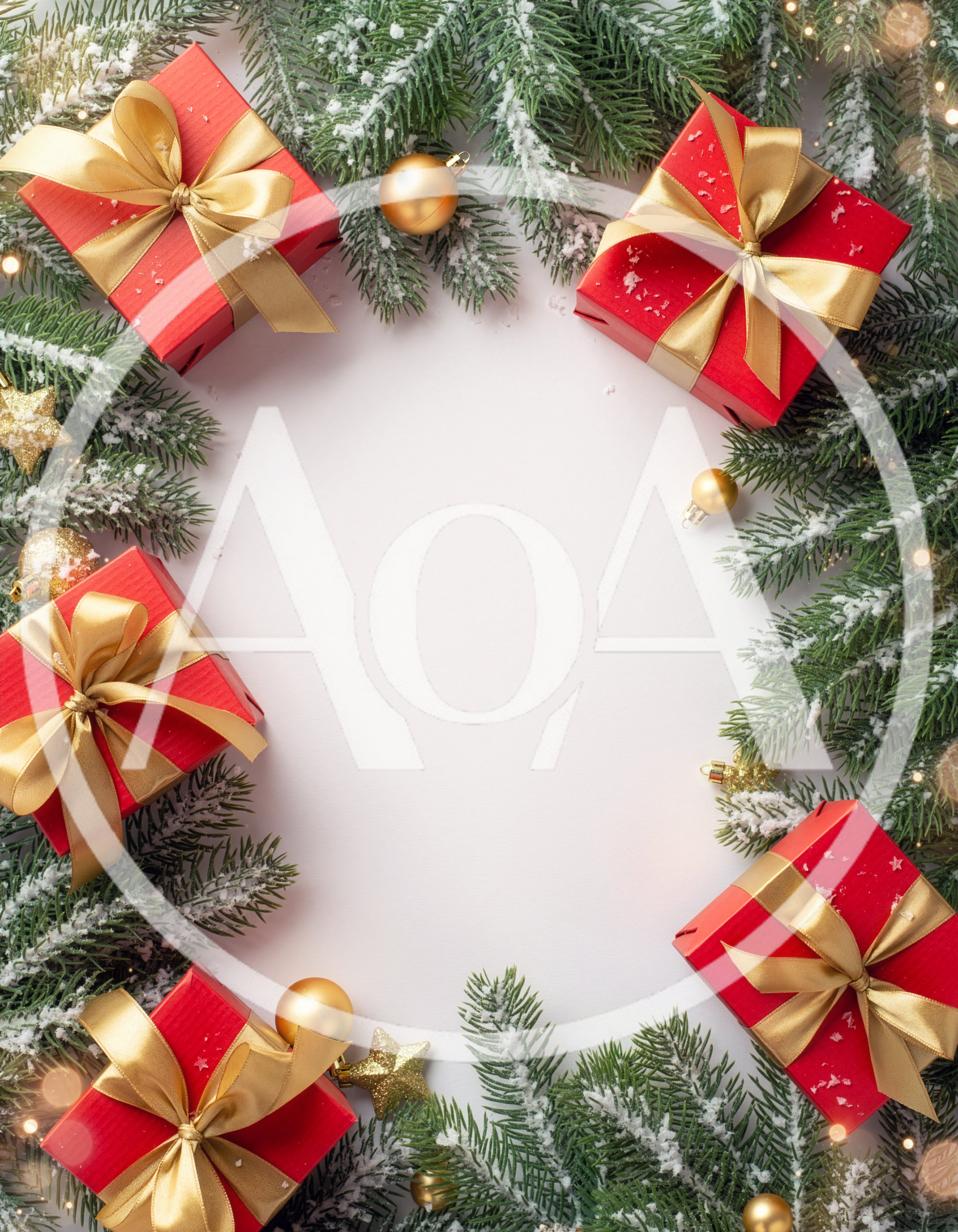 Christmas Gift Boxes and Ornaments on Snowy Pine Branches