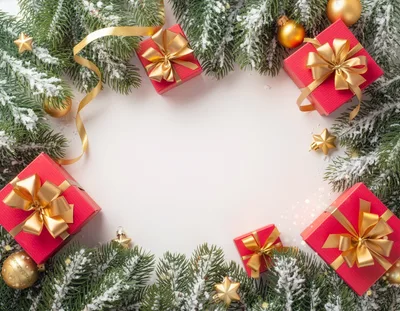 Christmas Gift Boxes With Fir Branches And Ornaments